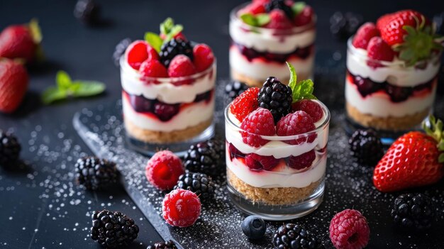 Raspberry and blackberry cheesecake desserts on the black table Suitable for a restaurant menu