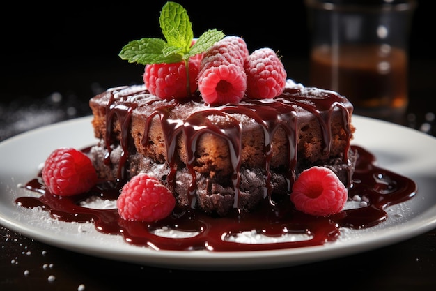 Raspberry brownie with fresh syrup and raspberries generative IA