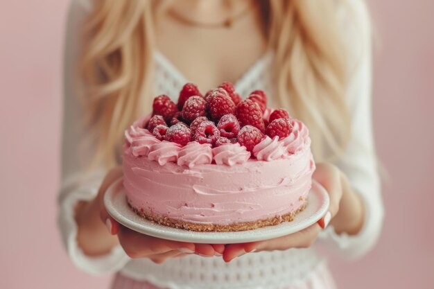 Photo raspberry cake with raspberries in the style of light pink