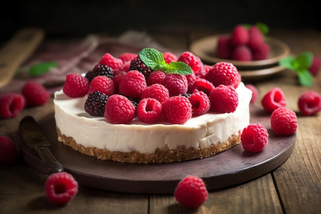 Raspberry cheesecake Heerlijk en smakelijk dessert met verse en zoete bessen Genereer AI