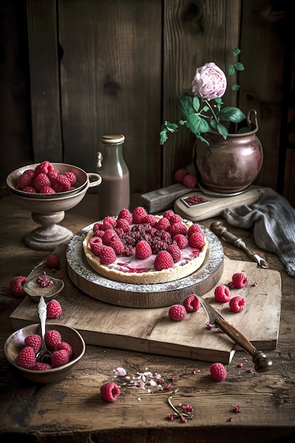 A raspberry cheesecake with a bowl of raspberries on a wooden table.