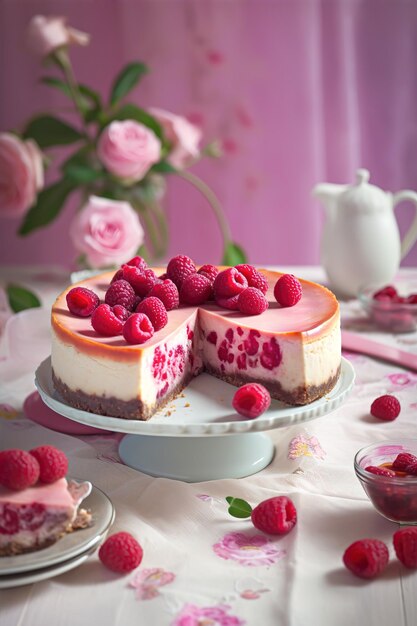A raspberry cheesecake with a slice taken out of it.