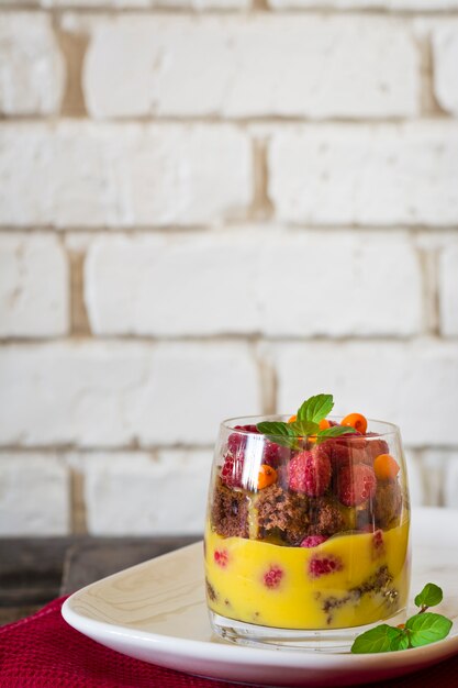 Raspberry dessert trifle. Dessert in glas. Mousse. Oranje wrongel. Cake. Minicake. Citrus d