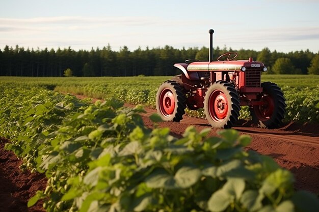 Raspberry farm with a vintage tractor in the background