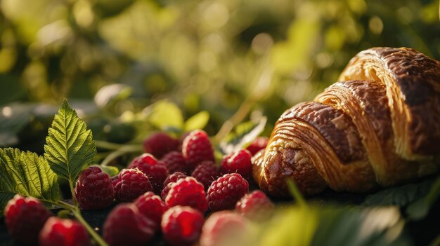 Photo raspberry filled croissant against a berry orchard background