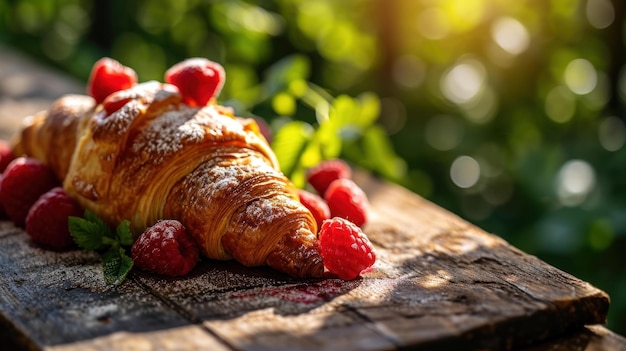 Photo raspberry filled croissant against a berry orchard background