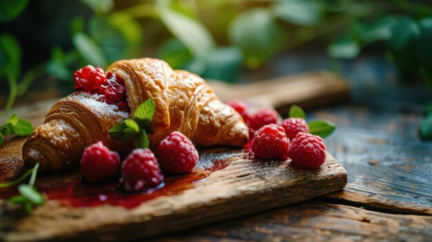 Photo raspberry filled croissant against a berry orchard background