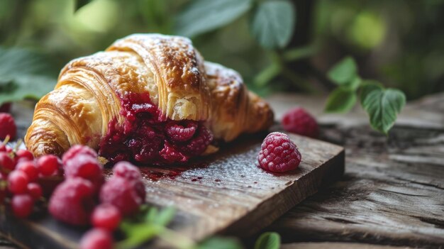 Photo raspberry filled croissant against a berry orchard background