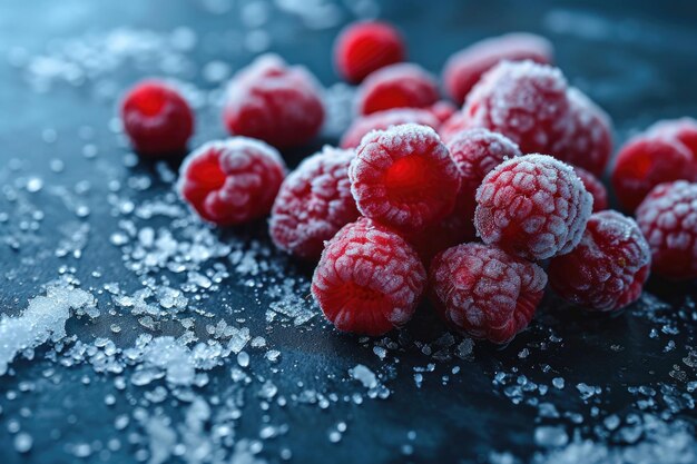 Foto raspberry congelato su sfondo scuro