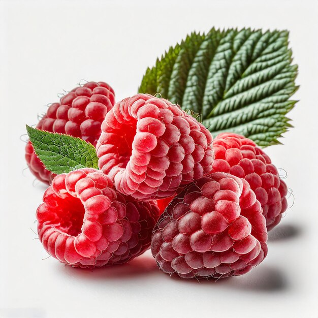 Foto raspberry fruit achtergrond rood drie bladeren bundel blad vers zoet ontwerp voedsel witte achtergrond plan