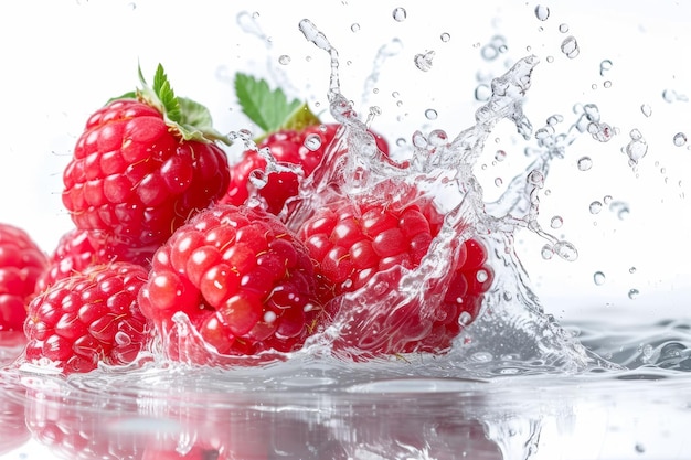 Raspberry fruit en water spat op witte achtergrond behang Banner achtergrond