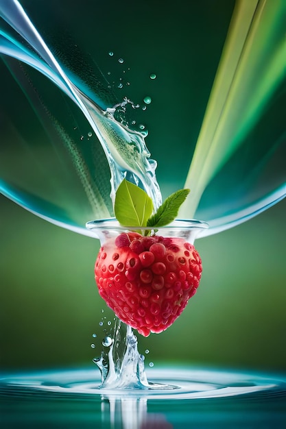 A raspberry in a glass with a green leaf