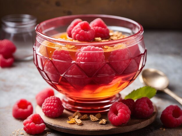 Raspberry honey dessert in glass bowl