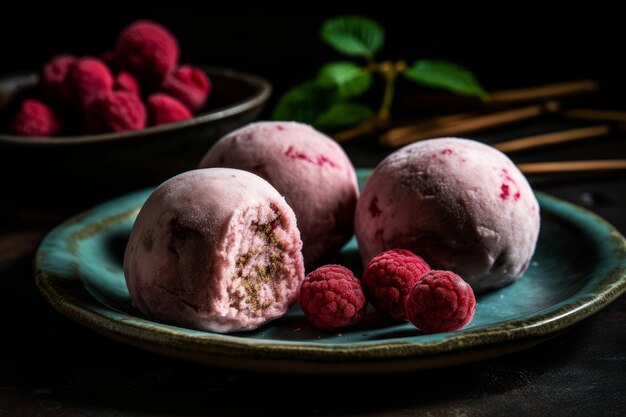 Raspberry ice cream balls on a plate