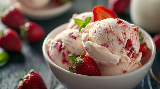 Raspberry ice cream in bowl close up