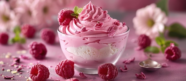 Raspberry Ice Cream Bowl With Scattered Raspberries