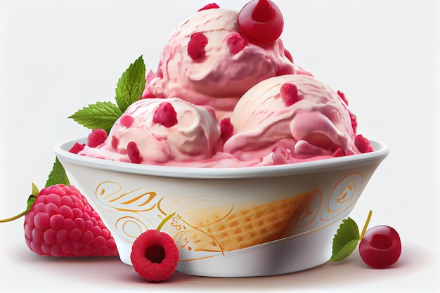 Raspberry ice cream in bowlGenerative Ai