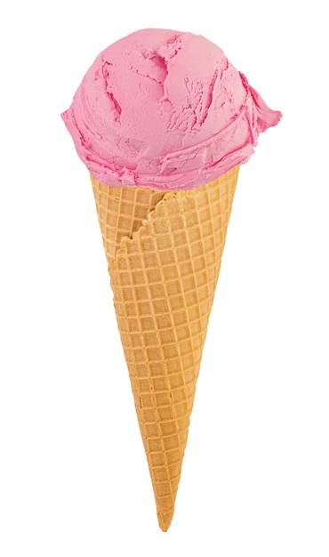 Raspberry  ice cream in the cone on white background with clipping path.