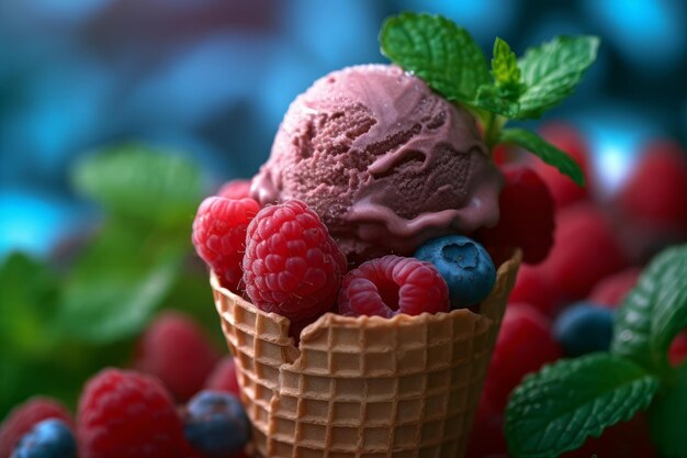 A raspberry ice cream cone with a blueberry sauce