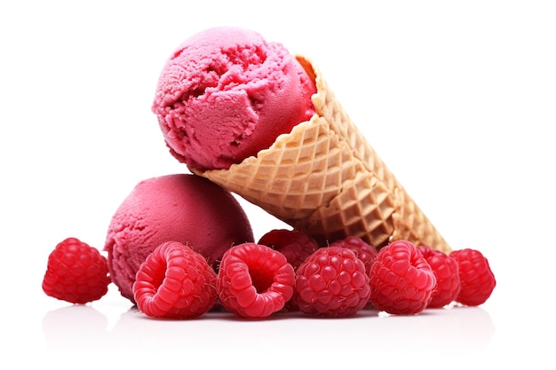 Raspberry ice cream in a cone with raspberries AI generated