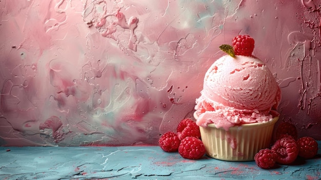Raspberry Ice Cream Scoops met verse bessen en munt