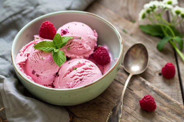 Raspberry ice cream in white bowl