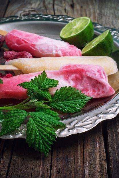 Raspberry ice cream with old tray