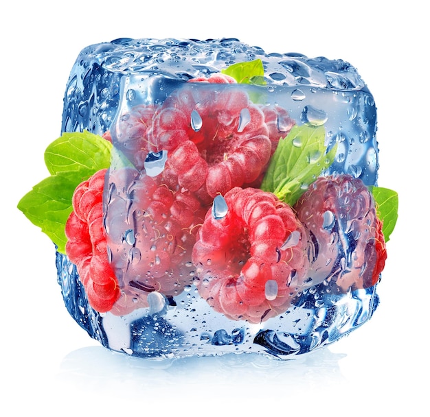 Raspberry in ice with drops isolated on white