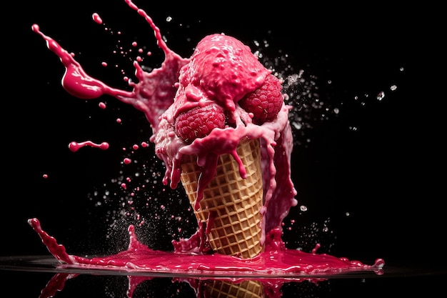 Raspberry ijs in een kegel smelt