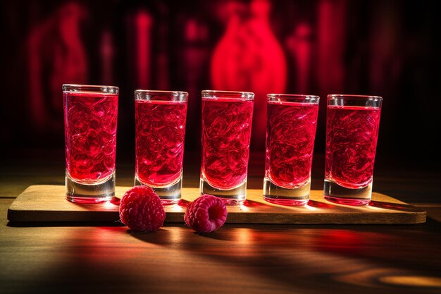 Raspberry infused vodka in shot glasses