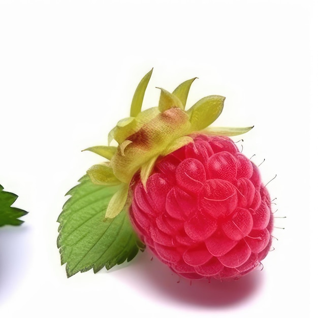 A raspberry is next to a pink berry.