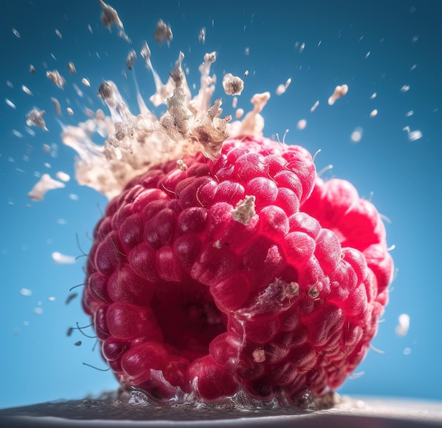 A raspberry is splashing into a water splash.