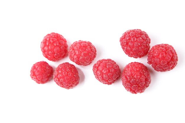 Raspberry isolated on white background. Close-up of raspberries on white