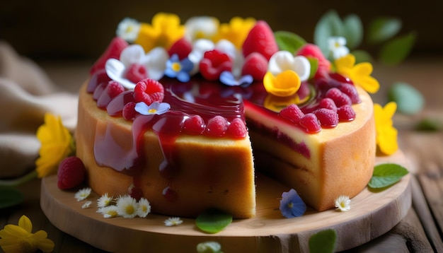 raspberry jam cake and edible flowers on top placed on a rustic wooden table