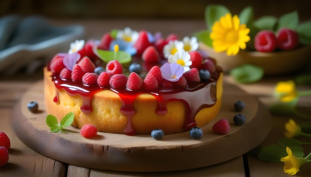 raspberry jam cake and edible flowers on top placed on a rustic wooden table