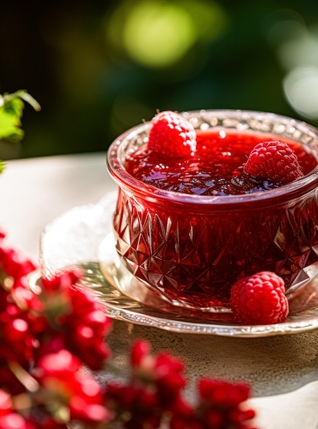 Raspberry jam en raspberries in een kristallen schaal landelijk eten en Engels recept idee voor menu food blog en kookboek