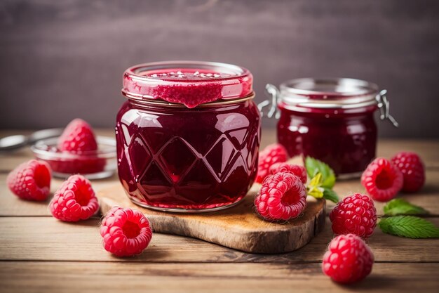 Raspberry jam in a glass jar on a wooden table homemade jam