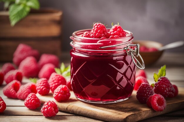 Raspberry jam in a glass jar on a wooden table homemade jam