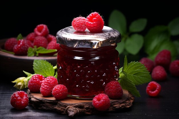 Raspberry jam in een pot met een rustiek etiket