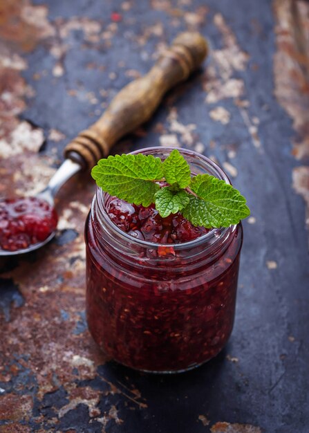 Raspberry jam in a jar