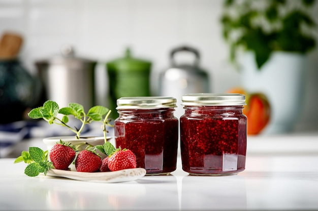 Raspberry jam with berry on light background Homemade jam with raspberry