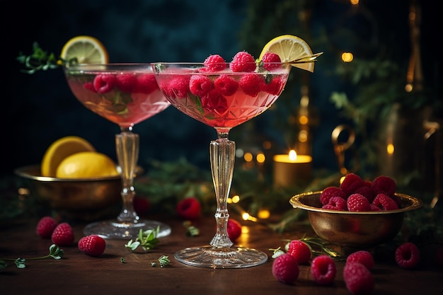 Raspberry and lemon thyme cocktail in martini glasses