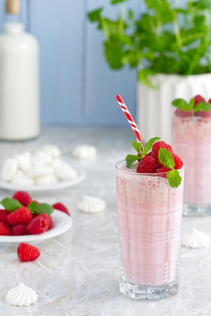 Raspberry milkshake non alcoholic cocktail raspberry smoothie weight loss concept