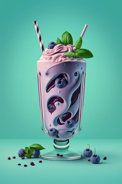 A raspberry milkshake with a blue background and a pink straw
