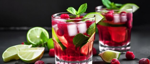 Raspberry mojito cocktail with lime mint and ice iced refreshing drink Generative ai