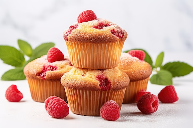 Raspberry muffins with fresh raspberries on a white table