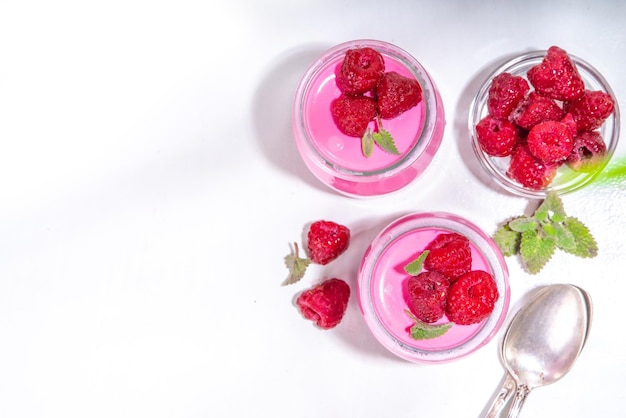 Raspberry panna cotta dessert met verse frambozen en melissa muntblaadjes Roze panna cotta in kleine portie potten op een witte achtergrond