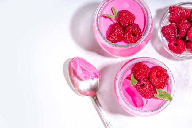 Raspberry panna cotta dessert with fresh raspberries and melissa mint leaves Pink panna cotta in small portion jars on a white background