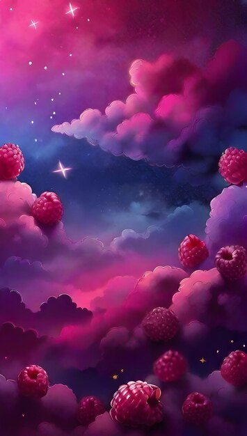 Raspberry pastel roze gradiënt mystieke hemel met wolken en sterren telefoon achtergrond behang ai