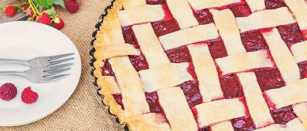 Photo raspberry pie on the table